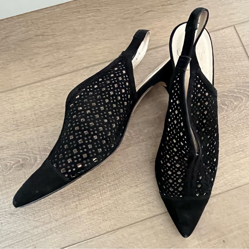 Amalfi by Rangoni Italy Black Leather Women 9N Platoon Sling backs Pumps 3” Heel - Picture 10 of 13
